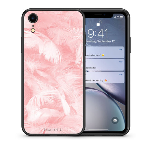 Θήκη iPhone XR Pink Feather Boho από τη Smartfits με σχέδιο στο πίσω μέρος και μαύρο περίβλημα | iPhone XR Pink Feather Boho case with colorful back and black bezels
