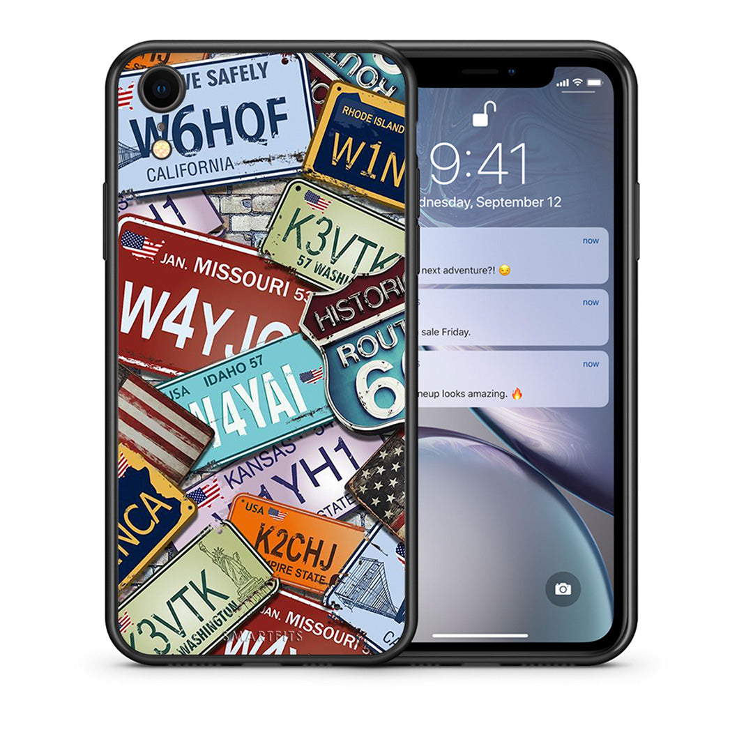 Θήκη iPhone XR Car Plates από τη Smartfits με σχέδιο στο πίσω μέρος και μαύρο περίβλημα | iPhone XR Car Plates case with colorful back and black bezels