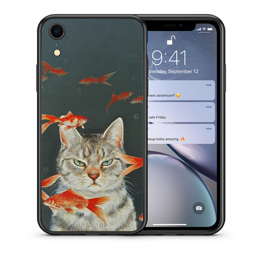 Θήκη iPhone XR Cat Goldfish από τη Smartfits με σχέδιο στο πίσω μέρος και μαύρο περίβλημα | iPhone XR Cat Goldfish case with colorful back and black bezels