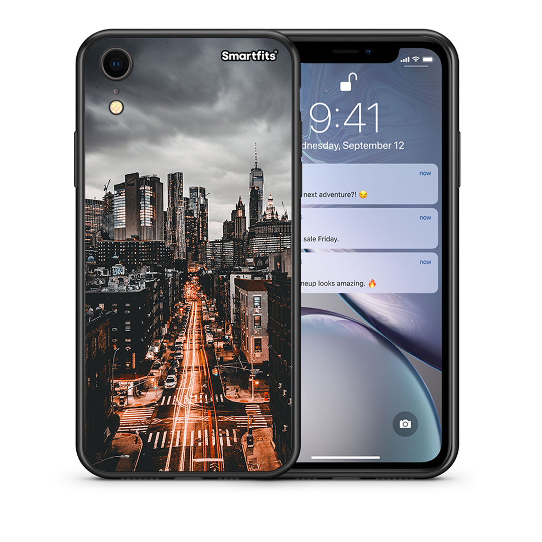 Θήκη iPhone XR City Lights από τη Smartfits με σχέδιο στο πίσω μέρος και μαύρο περίβλημα | iPhone XR City Lights case with colorful back and black bezels
