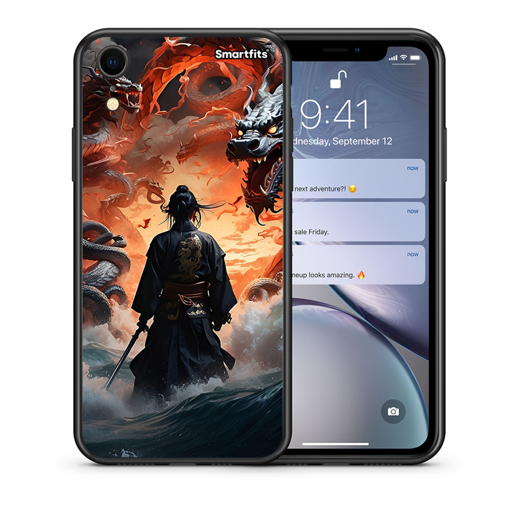 Θήκη iPhone XR Dragons Fight από τη Smartfits με σχέδιο στο πίσω μέρος και μαύρο περίβλημα | iPhone XR Dragons Fight case with colorful back and black bezels