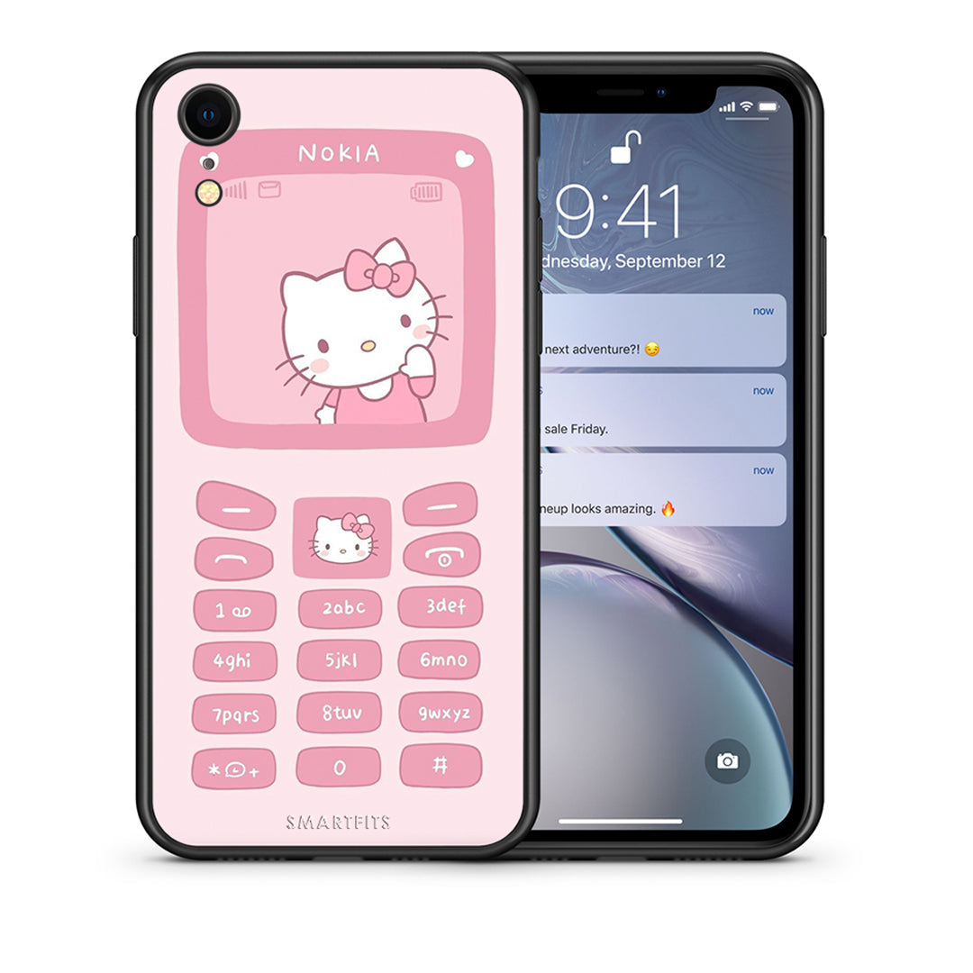 Θήκη Αγίου Βαλεντίνου iPhone XR Hello Kitten από τη Smartfits με σχέδιο στο πίσω μέρος και μαύρο περίβλημα | iPhone XR Hello Kitten case with colorful back and black bezels