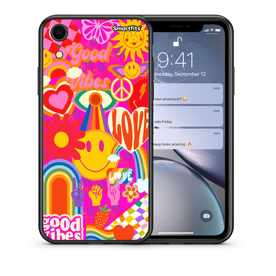 Θήκη iPhone XR Hippie Love από τη Smartfits με σχέδιο στο πίσω μέρος και μαύρο περίβλημα | iPhone XR Hippie Love case with colorful back and black bezels