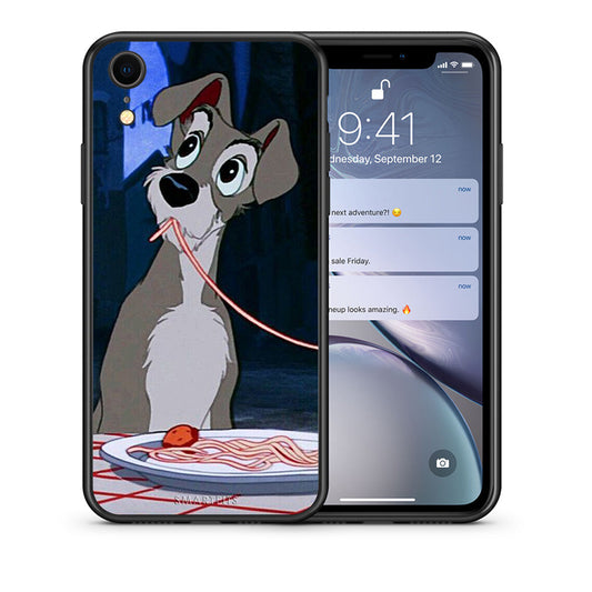 Θήκη Αγίου Βαλεντίνου iPhone XR Lady And Tramp 1 από τη Smartfits με σχέδιο στο πίσω μέρος και μαύρο περίβλημα | iPhone XR Lady And Tramp 1 case with colorful back and black bezels