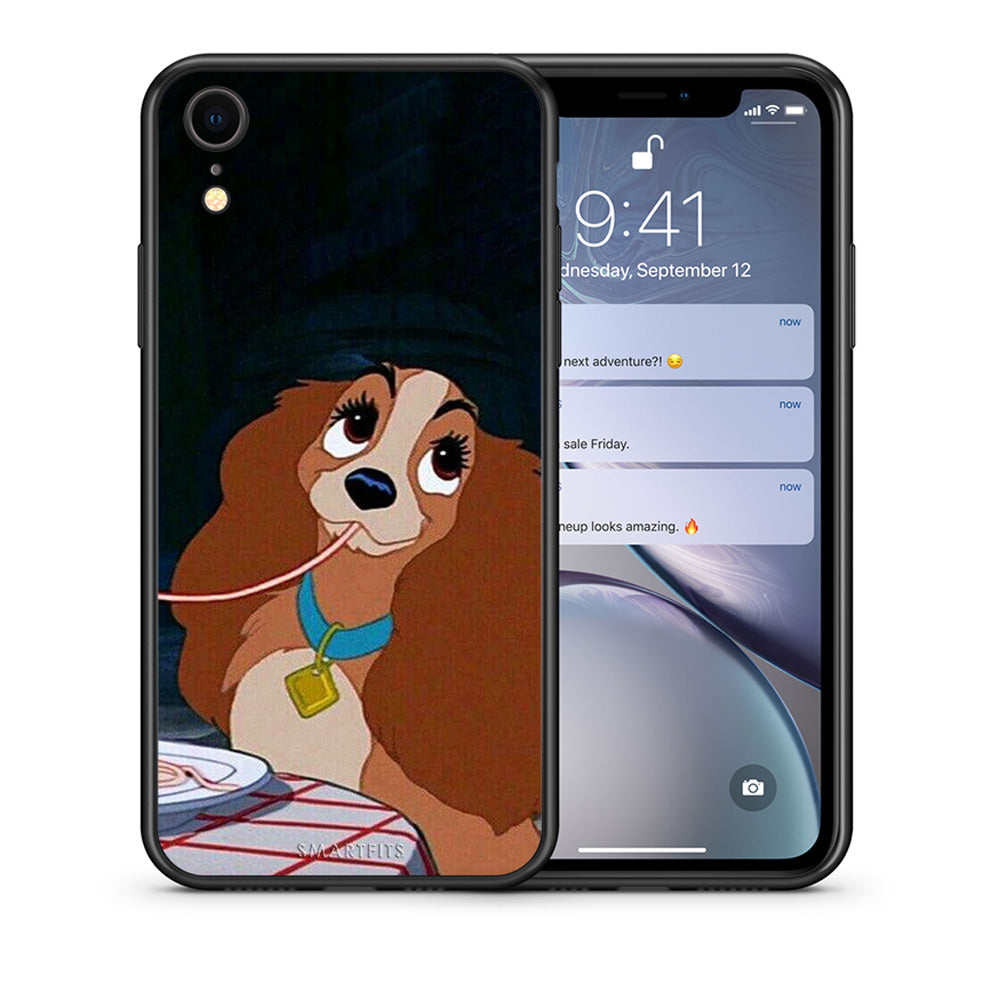 Θήκη Αγίου Βαλεντίνου iPhone XR Lady And Tramp 2 από τη Smartfits με σχέδιο στο πίσω μέρος και μαύρο περίβλημα | iPhone XR Lady And Tramp 2 case with colorful back and black bezels