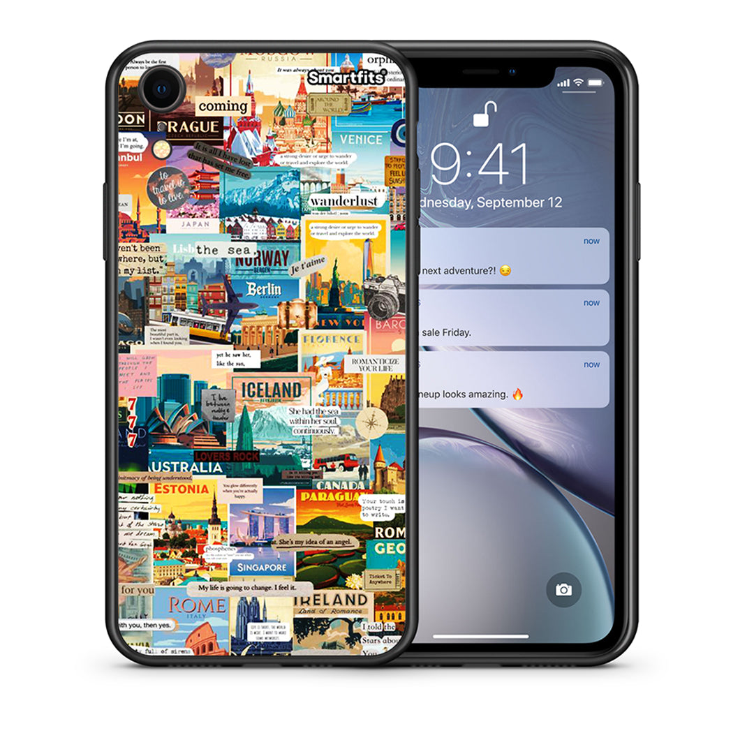 Θήκη iPhone XR Live To Travel από τη Smartfits με σχέδιο στο πίσω μέρος και μαύρο περίβλημα | iPhone XR Live To Travel case with colorful back and black bezels
