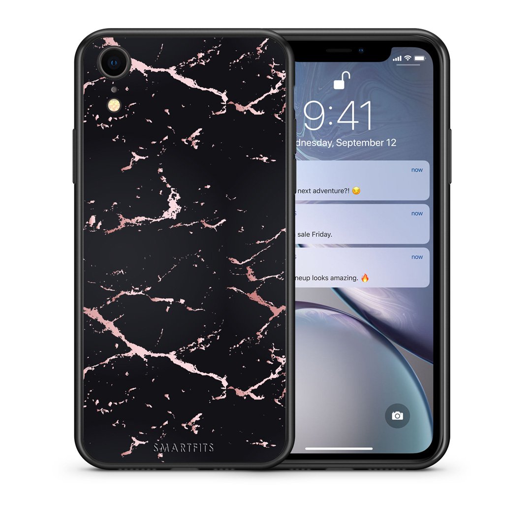 Θήκη iPhone XR Black Rosegold Marble από τη Smartfits με σχέδιο στο πίσω μέρος και μαύρο περίβλημα | iPhone XR Black Rosegold Marble case with colorful back and black bezels