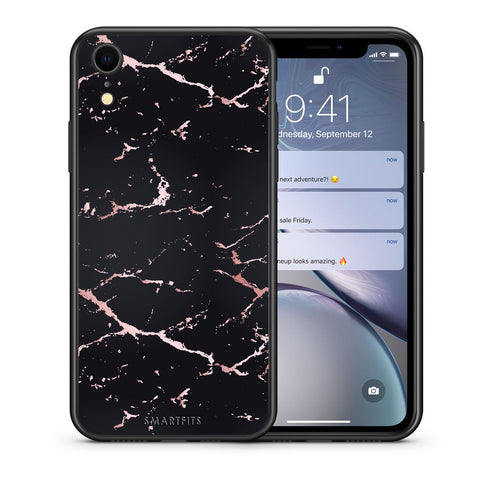 Θήκη iPhone XR Black Rosegold Marble από τη Smartfits με σχέδιο στο πίσω μέρος και μαύρο περίβλημα | iPhone XR Black Rosegold Marble case with colorful back and black bezels