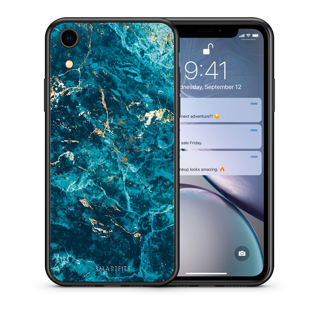 Θήκη iPhone XR Marble Blue από τη Smartfits με σχέδιο στο πίσω μέρος και μαύρο περίβλημα | iPhone XR Marble Blue case with colorful back and black bezels