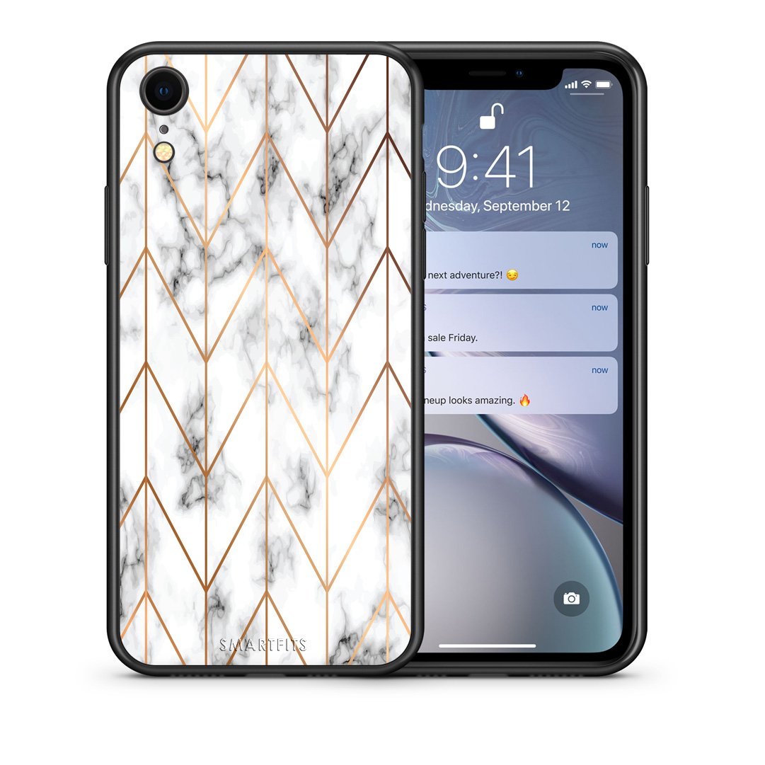 Θήκη iPhone XR Gold Geometric Marble από τη Smartfits με σχέδιο στο πίσω μέρος και μαύρο περίβλημα | iPhone XR Gold Geometric Marble case with colorful back and black bezels