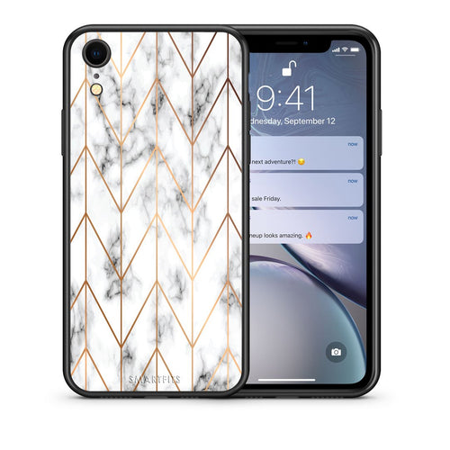 Θήκη iPhone XR Gold Geometric Marble από τη Smartfits με σχέδιο στο πίσω μέρος και μαύρο περίβλημα | iPhone XR Gold Geometric Marble case with colorful back and black bezels