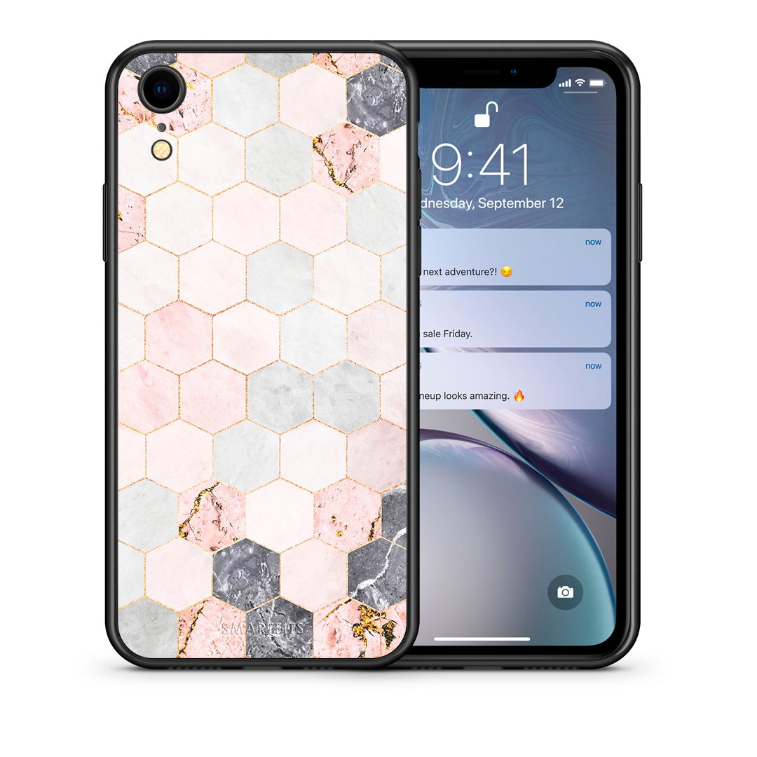 Θήκη iPhone XR Hexagon Pink Marble από τη Smartfits με σχέδιο στο πίσω μέρος και μαύρο περίβλημα | iPhone XR Hexagon Pink Marble case with colorful back and black bezels