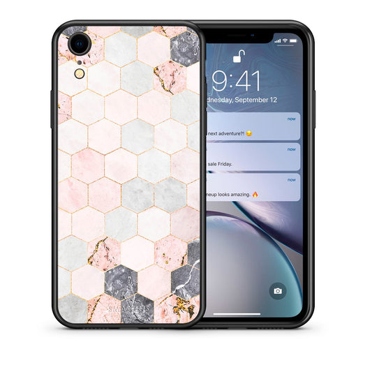 Θήκη iPhone XR Hexagon Pink Marble από τη Smartfits με σχέδιο στο πίσω μέρος και μαύρο περίβλημα | iPhone XR Hexagon Pink Marble case with colorful back and black bezels