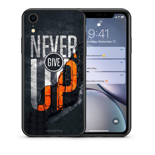 Θήκη Αγίου Βαλεντίνου iPhone XR Never Give Up από τη Smartfits με σχέδιο στο πίσω μέρος και μαύρο περίβλημα | iPhone XR Never Give Up case with colorful back and black bezels