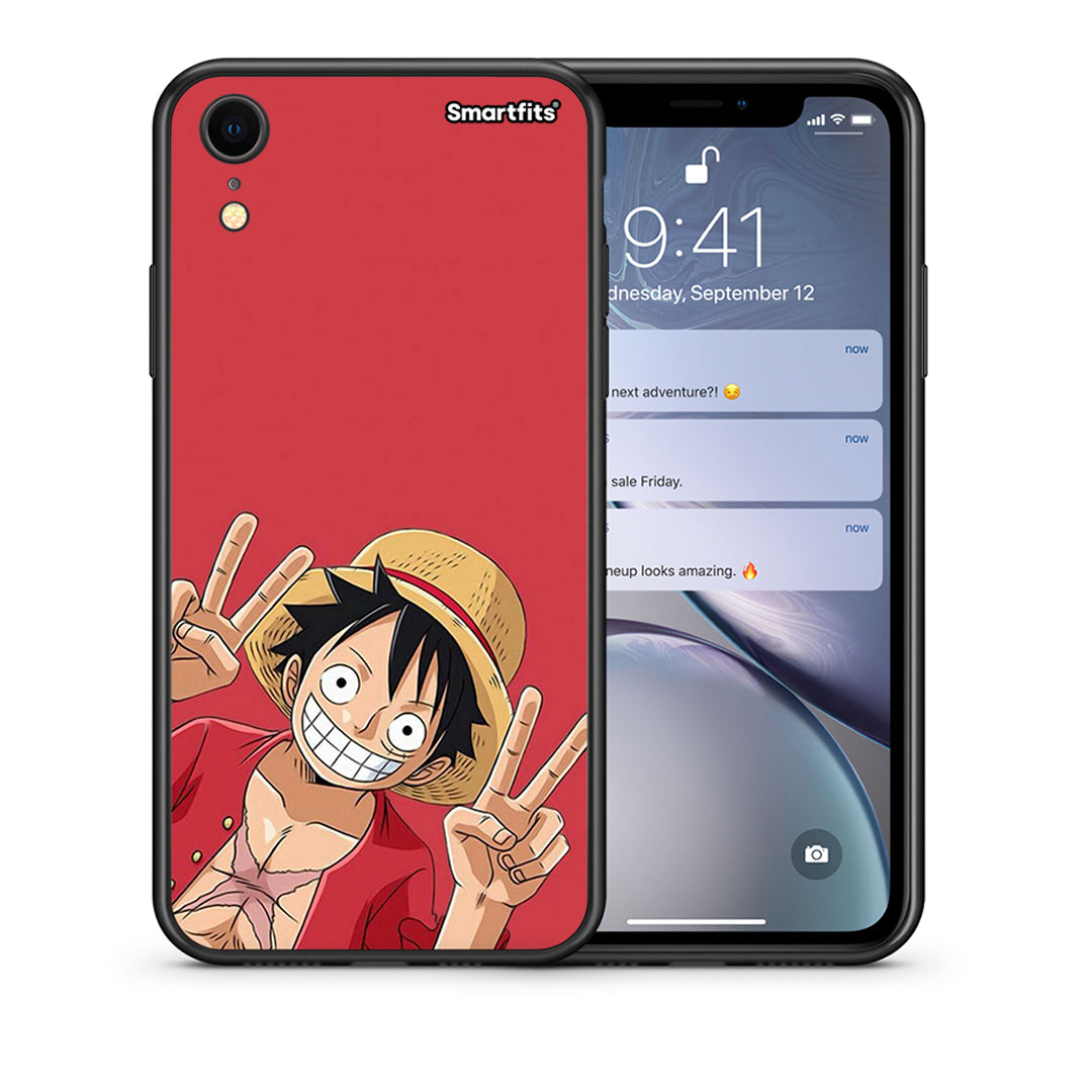 Θήκη iPhone XR Pirate Luffy από τη Smartfits με σχέδιο στο πίσω μέρος και μαύρο περίβλημα | iPhone XR Pirate Luffy case with colorful back and black bezels