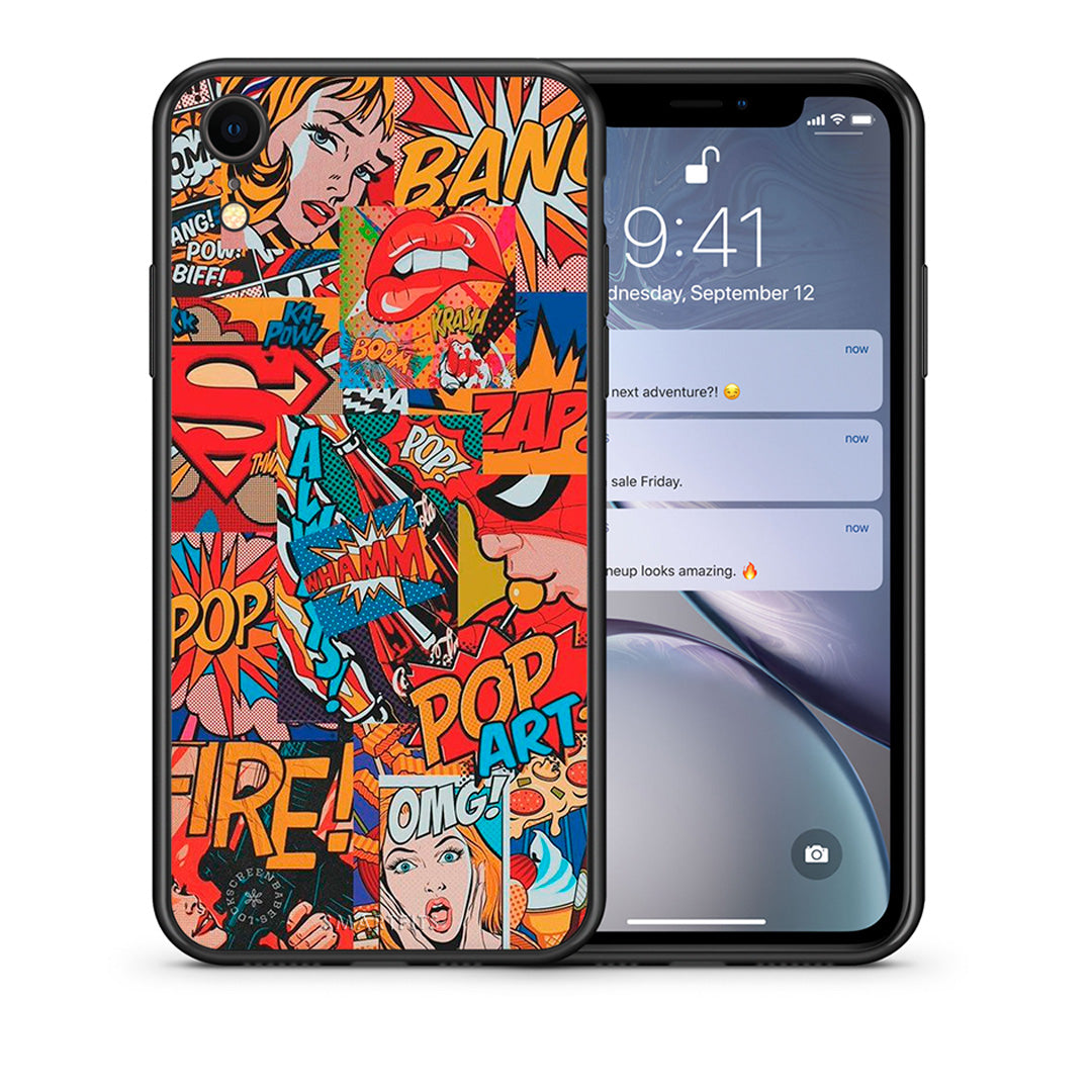 Θήκη iPhone XR PopArt OMG από τη Smartfits με σχέδιο στο πίσω μέρος και μαύρο περίβλημα | iPhone XR PopArt OMG case with colorful back and black bezels