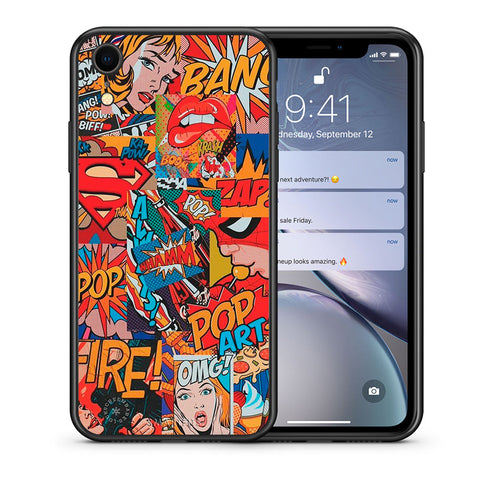 Θήκη iPhone XR PopArt OMG από τη Smartfits με σχέδιο στο πίσω μέρος και μαύρο περίβλημα | iPhone XR PopArt OMG case with colorful back and black bezels