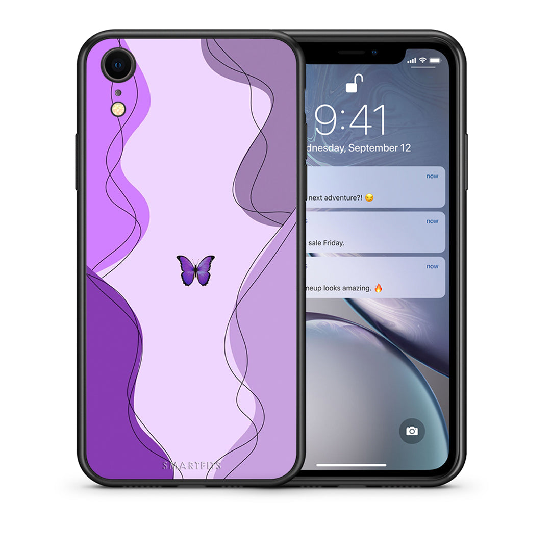 Θήκη Αγίου Βαλεντίνου iPhone XR Purple Mariposa από τη Smartfits με σχέδιο στο πίσω μέρος και μαύρο περίβλημα | iPhone XR Purple Mariposa case with colorful back and black bezels