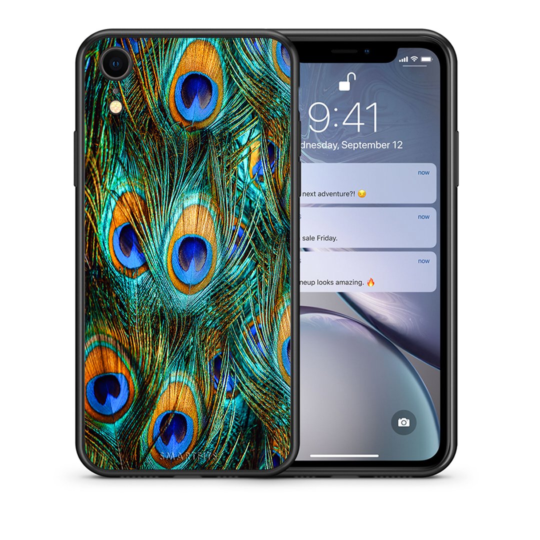 Θήκη iPhone XR Real Peacock Feathers από τη Smartfits με σχέδιο στο πίσω μέρος και μαύρο περίβλημα | iPhone XR Real Peacock Feathers case with colorful back and black bezels