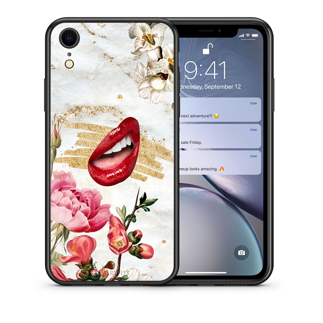 Θήκη iPhone XR Red Lips από τη Smartfits με σχέδιο στο πίσω μέρος και μαύρο περίβλημα | iPhone XR Red Lips case with colorful back and black bezels