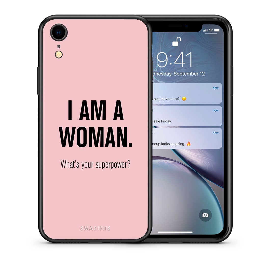 Θήκη iPhone XR Superpower Woman από τη Smartfits με σχέδιο στο πίσω μέρος και μαύρο περίβλημα | iPhone XR Superpower Woman case with colorful back and black bezels