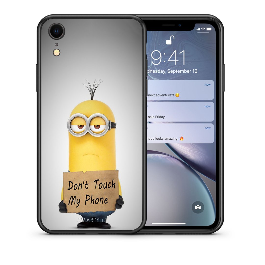 Θήκη iPhone XR Minion Text από τη Smartfits με σχέδιο στο πίσω μέρος και μαύρο περίβλημα | iPhone XR Minion Text case with colorful back and black bezels