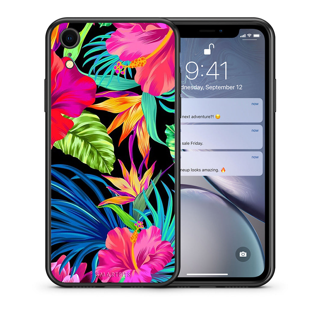 Θήκη iPhone XR Tropical Flowers από τη Smartfits με σχέδιο στο πίσω μέρος και μαύρο περίβλημα | iPhone XR Tropical Flowers case with colorful back and black bezels