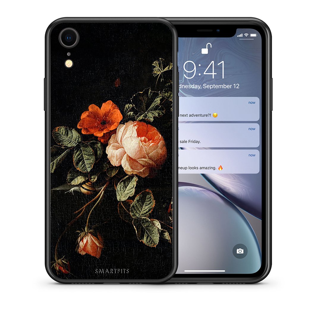 Θήκη iPhone XR Vintage Roses από τη Smartfits με σχέδιο στο πίσω μέρος και μαύρο περίβλημα | iPhone XR Vintage Roses case with colorful back and black bezels