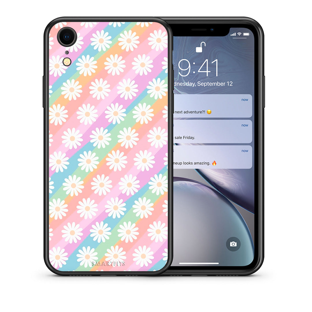 Θήκη iPhone XR White Daisies από τη Smartfits με σχέδιο στο πίσω μέρος και μαύρο περίβλημα | iPhone XR White Daisies case with colorful back and black bezels
