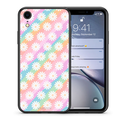 Θήκη iPhone XR White Daisies από τη Smartfits με σχέδιο στο πίσω μέρος και μαύρο περίβλημα | iPhone XR White Daisies case with colorful back and black bezels