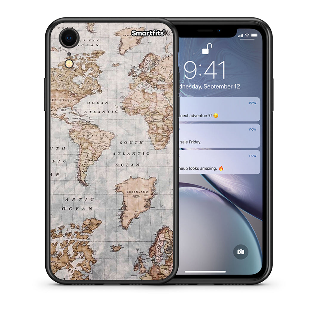 Θήκη iPhone XR World Map από τη Smartfits με σχέδιο στο πίσω μέρος και μαύρο περίβλημα | iPhone XR World Map case with colorful back and black bezels