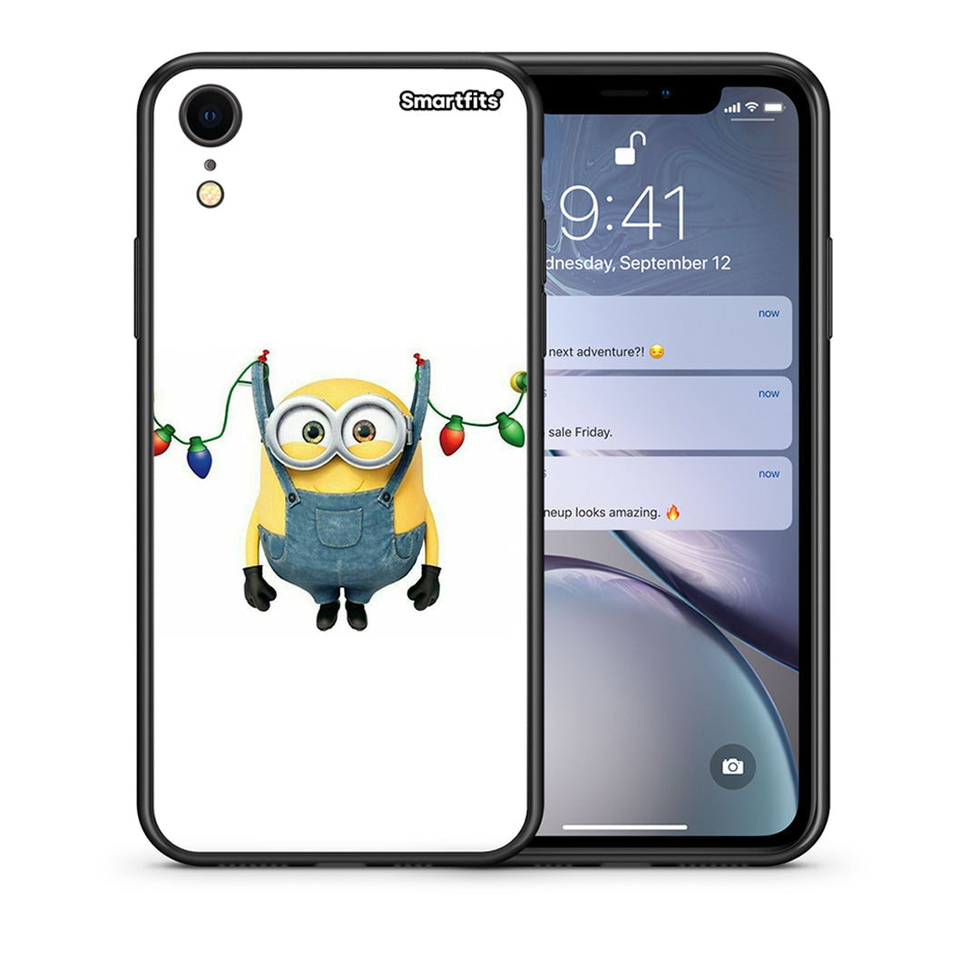 Θήκη iPhone XR Xmas Minion Lights από τη Smartfits με σχέδιο στο πίσω μέρος και μαύρο περίβλημα | iPhone XR Xmas Minion Lights case with colorful back and black bezels