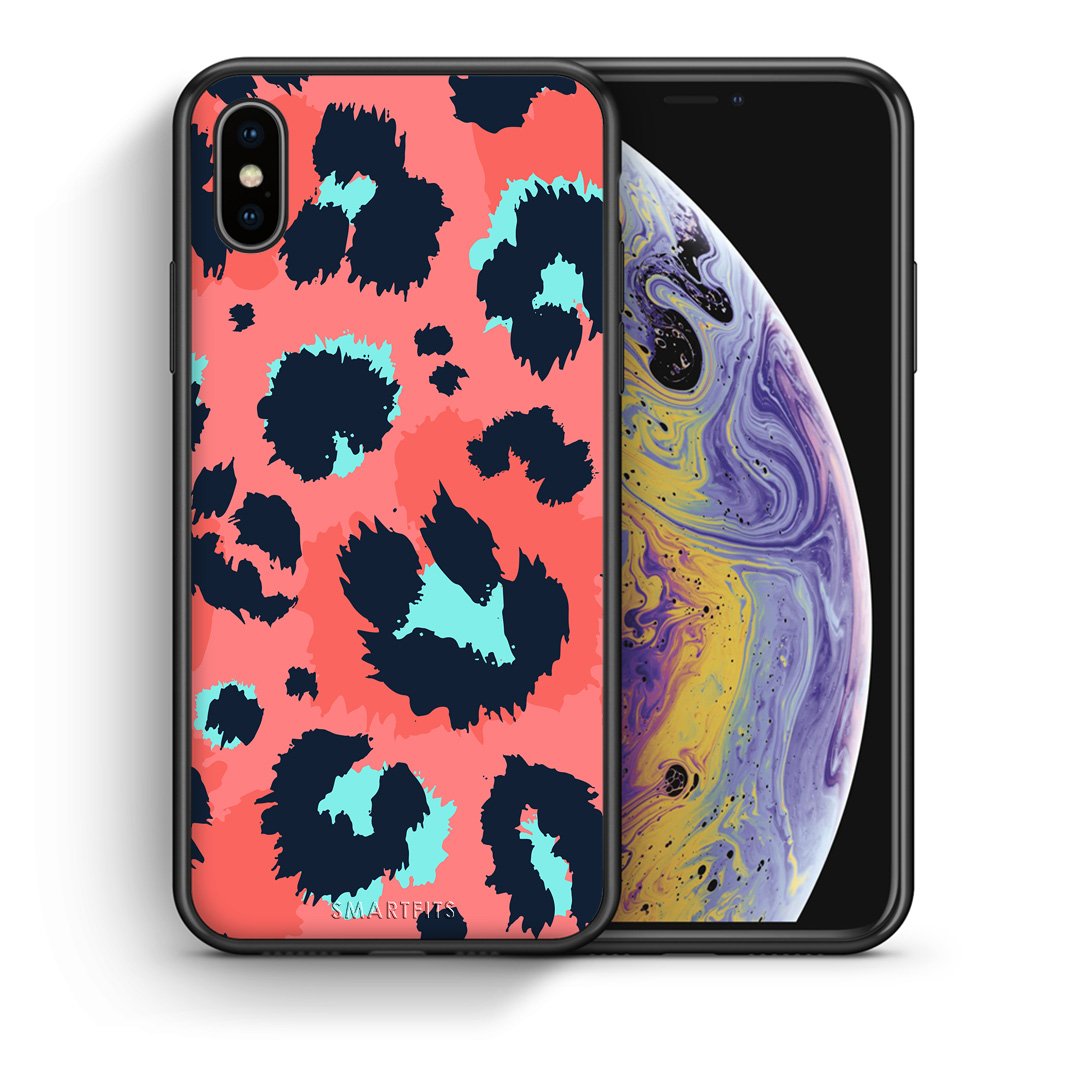 Θήκη iPhone X/Xs Pink Leopard Animal από τη Smartfits με σχέδιο στο πίσω μέρος και μαύρο περίβλημα | iPhone X/Xs Pink Leopard Animal case with colorful back and black bezels