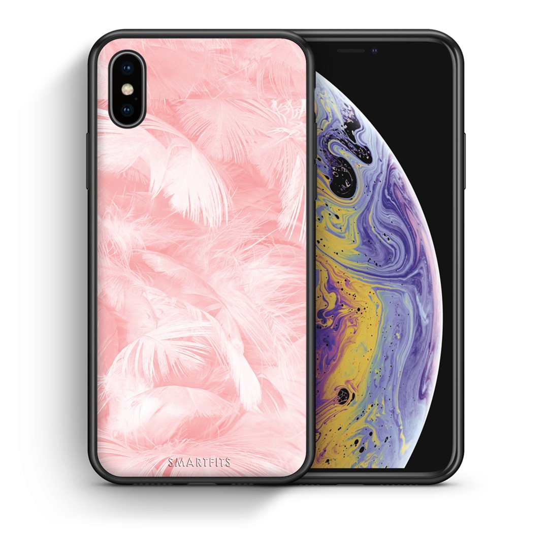 Θήκη iPhone Xs Max Pink Feather Boho από τη Smartfits με σχέδιο στο πίσω μέρος και μαύρο περίβλημα | iPhone Xs Max Pink Feather Boho case with colorful back and black bezels