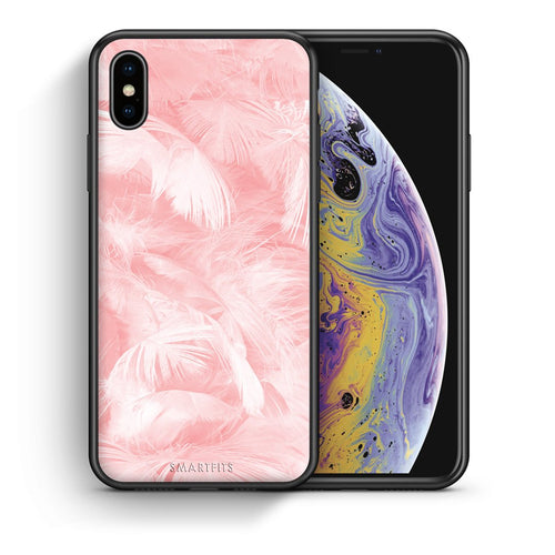 Θήκη iPhone Xs Max Pink Feather Boho από τη Smartfits με σχέδιο στο πίσω μέρος και μαύρο περίβλημα | iPhone Xs Max Pink Feather Boho case with colorful back and black bezels
