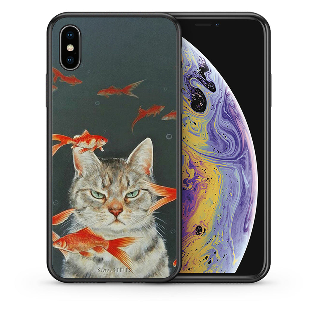 Θήκη iPhone X/Xs Cat Goldfish από τη Smartfits με σχέδιο στο πίσω μέρος και μαύρο περίβλημα | iPhone X/Xs Cat Goldfish case with colorful back and black bezels
