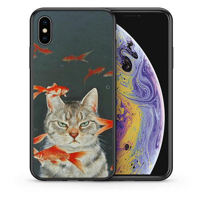 Θήκη iPhone Xs Max Cat Goldfish από τη Smartfits με σχέδιο στο πίσω μέρος και μαύρο περίβλημα | iPhone Xs Max Cat Goldfish case with colorful back and black bezels