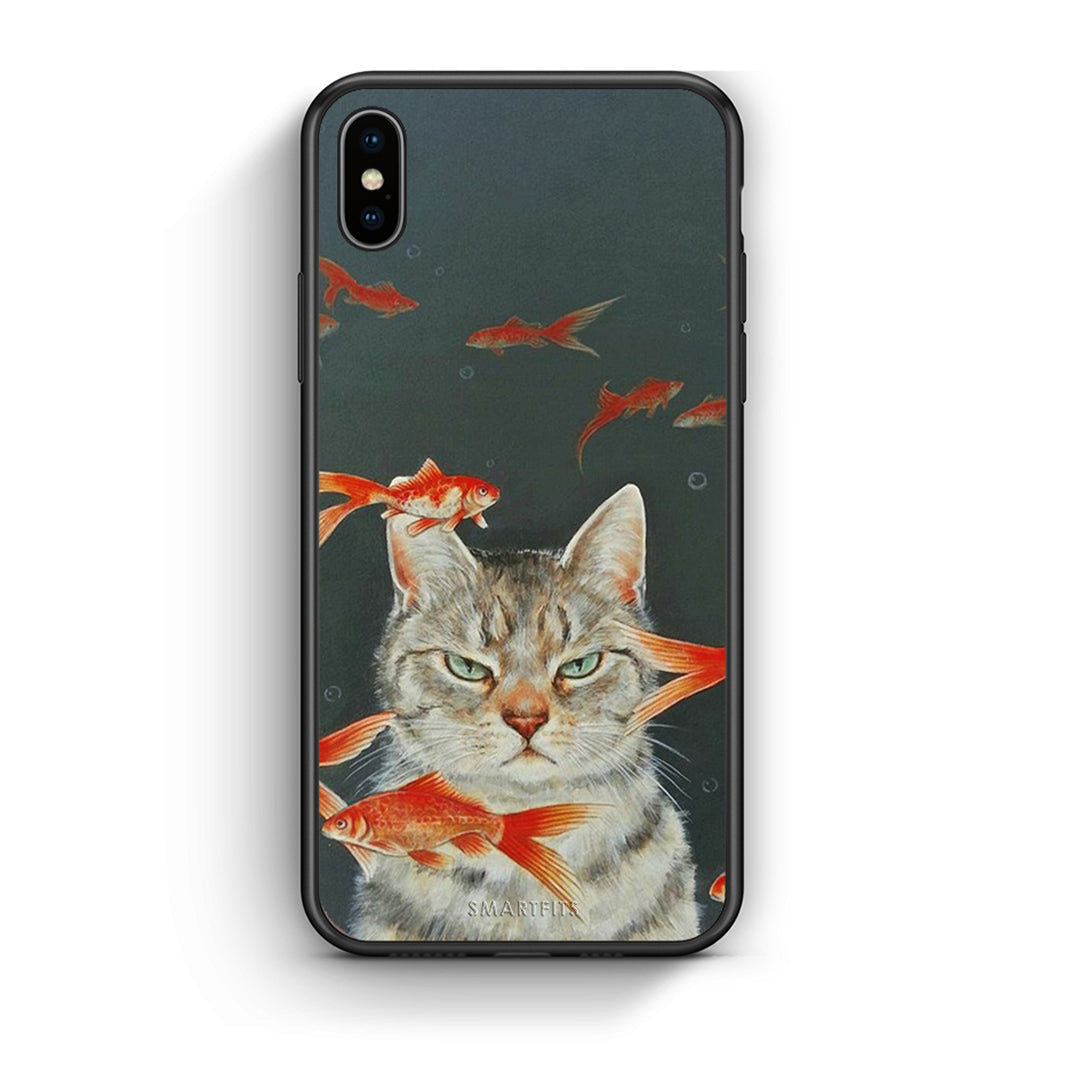 iPhone X/Xs Cat Goldfish θήκη από τη Smartfits με σχέδιο στο πίσω μέρος και μαύρο περίβλημα | Smartphone case with colorful back and black bezels by Smartfits