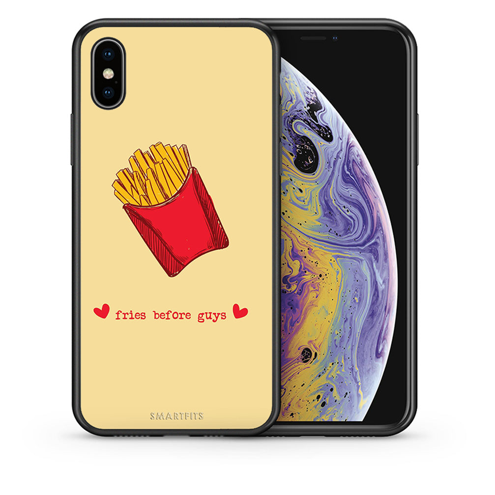 Θήκη Αγίου Βαλεντίνου iPhone X / Xs Fries Before Guys από τη Smartfits με σχέδιο στο πίσω μέρος και μαύρο περίβλημα | iPhone X / Xs Fries Before Guys case with colorful back and black bezels
