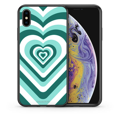 Θήκη iPhone Xs Max Green Hearts από τη Smartfits με σχέδιο στο πίσω μέρος και μαύρο περίβλημα | iPhone Xs Max Green Hearts case with colorful back and black bezels