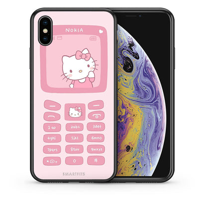 Θήκη Αγίου Βαλεντίνου iPhone Xs Max Hello Kitten από τη Smartfits με σχέδιο στο πίσω μέρος και μαύρο περίβλημα | iPhone Xs Max Hello Kitten case with colorful back and black bezels
