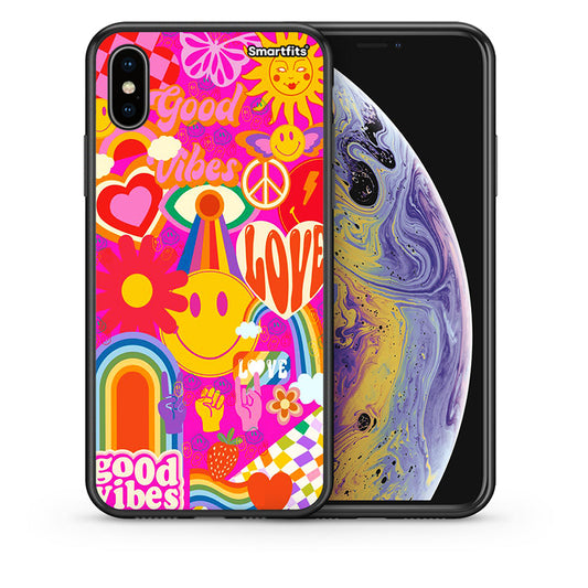 Θήκη iPhone Xs Max Hippie Love από τη Smartfits με σχέδιο στο πίσω μέρος και μαύρο περίβλημα | iPhone Xs Max Hippie Love case with colorful back and black bezels