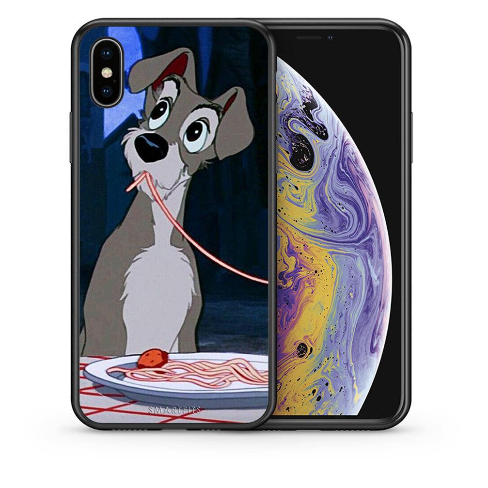 Θήκη Αγίου Βαλεντίνου iPhone Xs Max Lady And Tramp 1 από τη Smartfits με σχέδιο στο πίσω μέρος και μαύρο περίβλημα | iPhone Xs Max Lady And Tramp 1 case with colorful back and black bezels