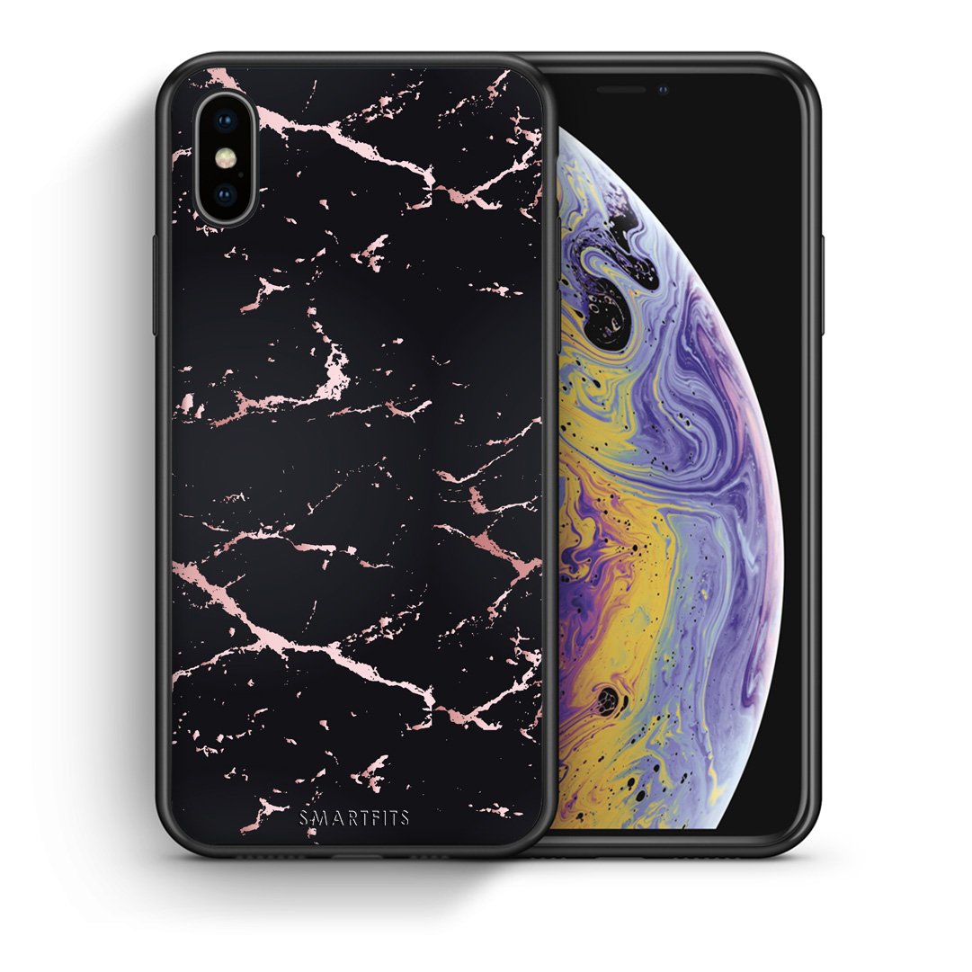 Θήκη iPhone Xs Max Black Rosegold Marble από τη Smartfits με σχέδιο στο πίσω μέρος και μαύρο περίβλημα | iPhone Xs Max Black Rosegold Marble case with colorful back and black bezels