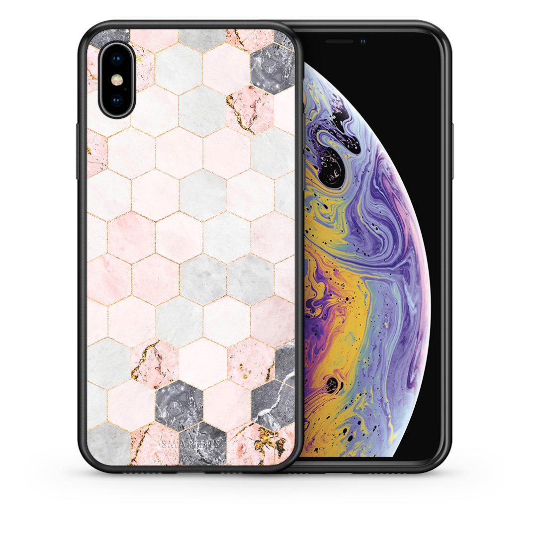 Θήκη iPhone Xs Max Hexagon Pink Marble από τη Smartfits με σχέδιο στο πίσω μέρος και μαύρο περίβλημα | iPhone Xs Max Hexagon Pink Marble case with colorful back and black bezels