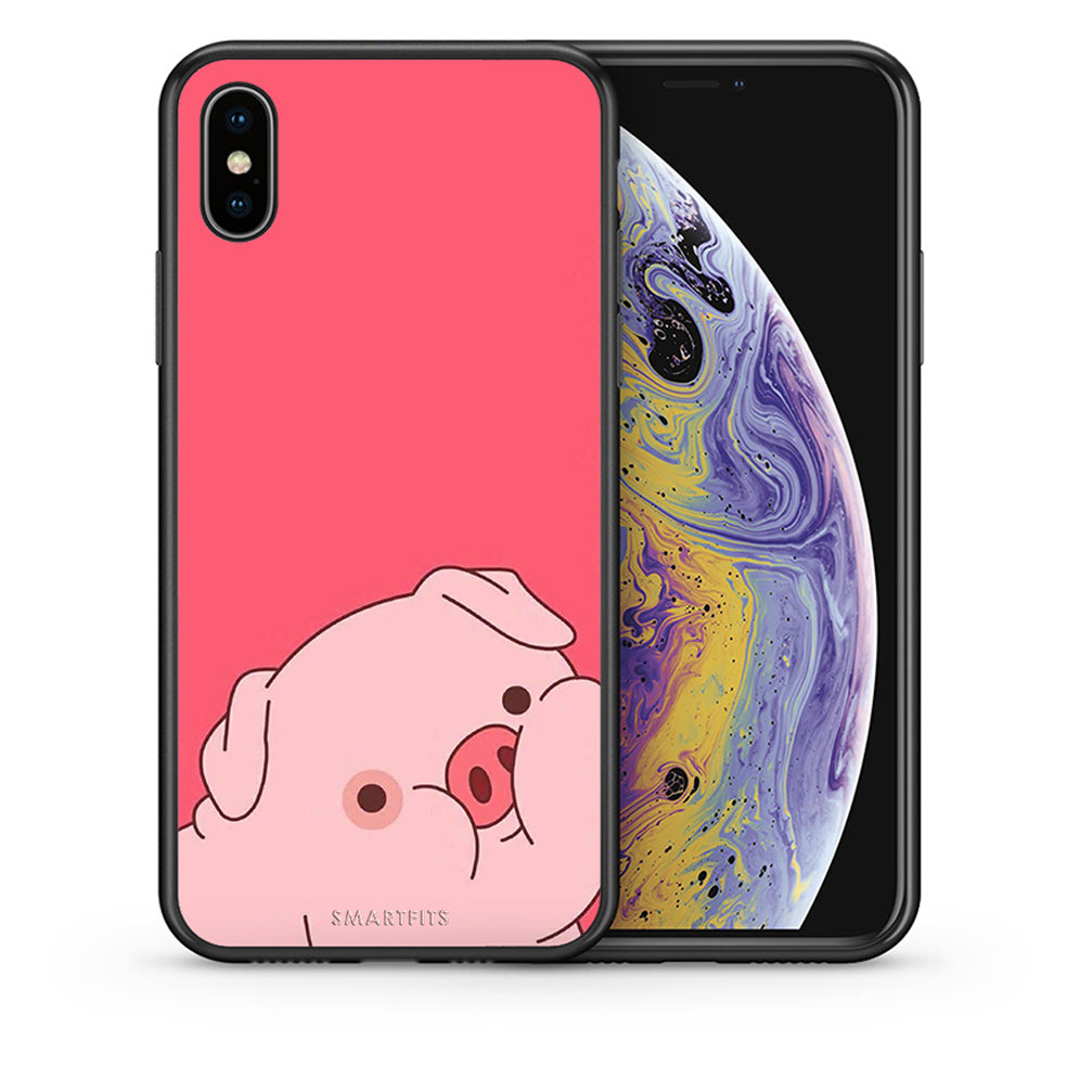Θήκη Αγίου Βαλεντίνου iPhone X / Xs Pig Love 1 από τη Smartfits με σχέδιο στο πίσω μέρος και μαύρο περίβλημα | iPhone X / Xs Pig Love 1 case with colorful back and black bezels