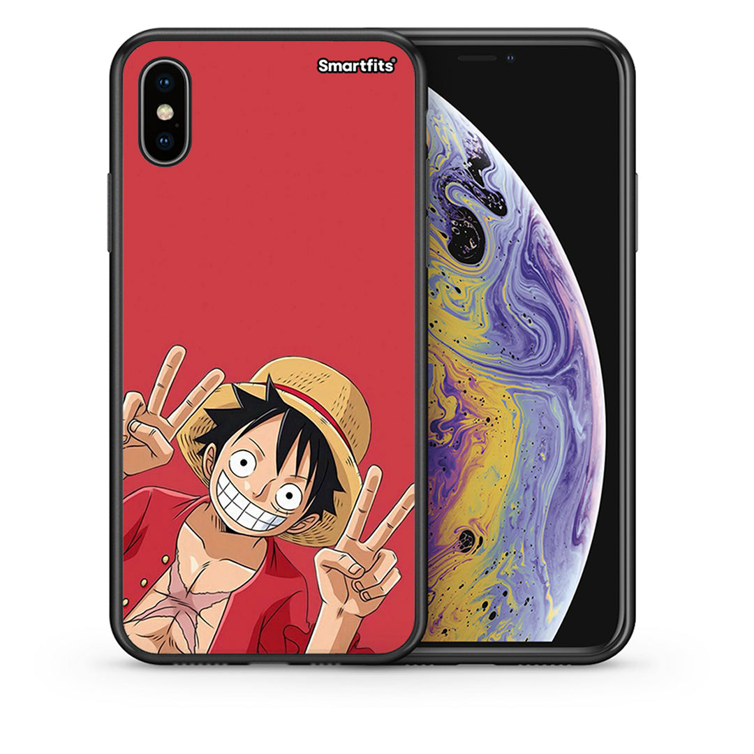 Θήκη iPhone Xs Max Pirate Luffy από τη Smartfits με σχέδιο στο πίσω μέρος και μαύρο περίβλημα | iPhone Xs Max Pirate Luffy case with colorful back and black bezels