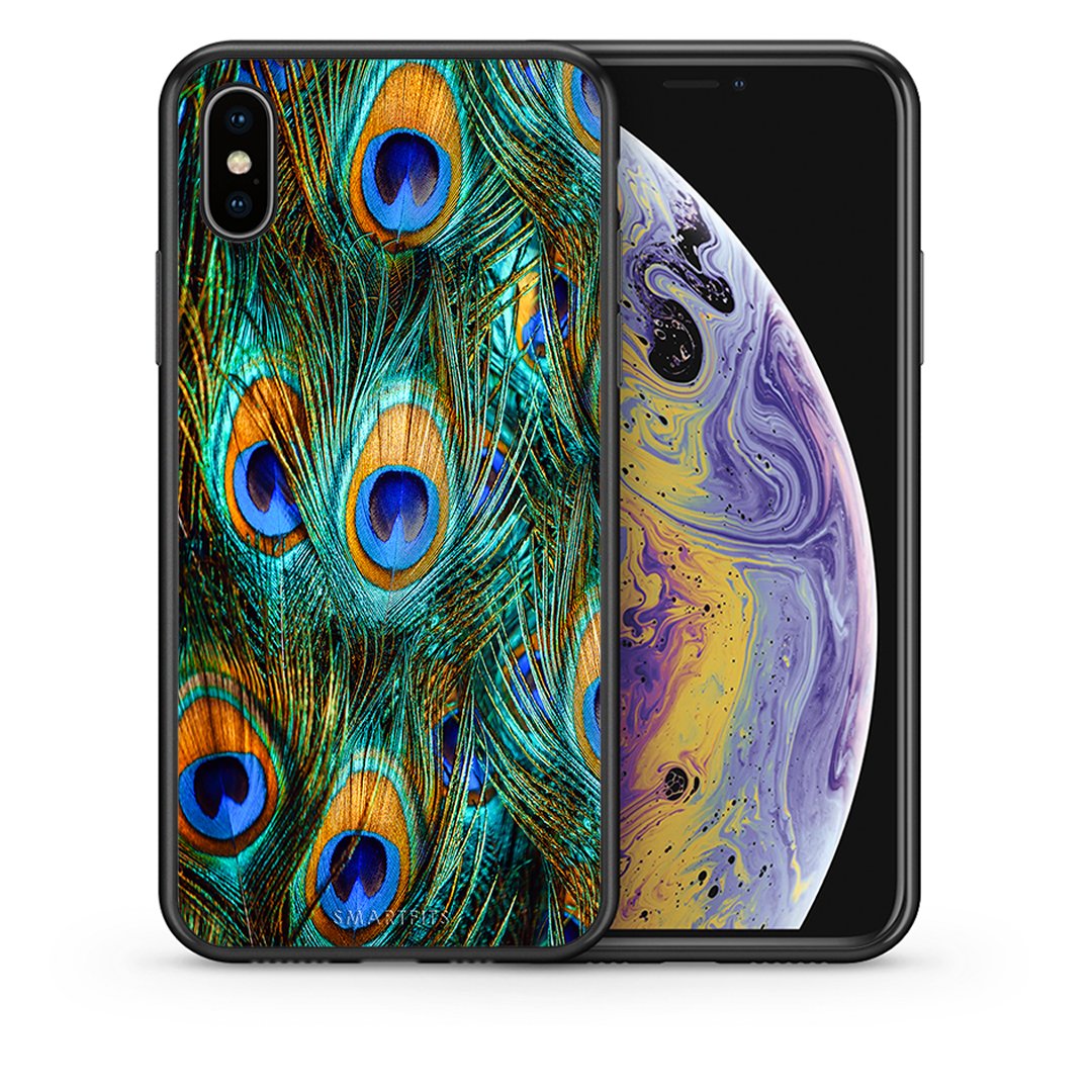 Θήκη iPhone Xs Max Real Peacock Feathers από τη Smartfits με σχέδιο στο πίσω μέρος και μαύρο περίβλημα | iPhone Xs Max Real Peacock Feathers case with colorful back and black bezels