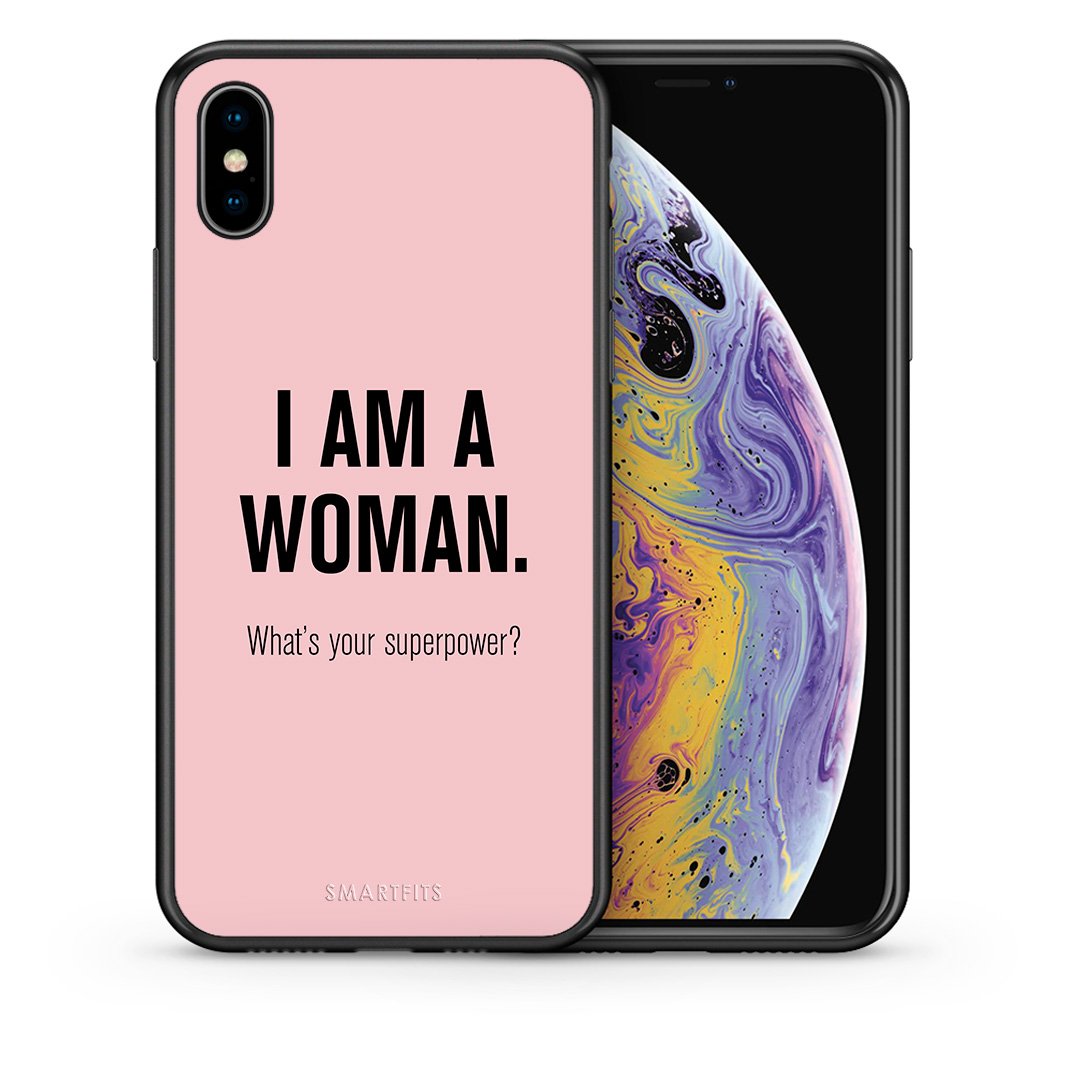 Θήκη iPhone X/Xs Superpower Woman από τη Smartfits με σχέδιο στο πίσω μέρος και μαύρο περίβλημα | iPhone X/Xs Superpower Woman case with colorful back and black bezels