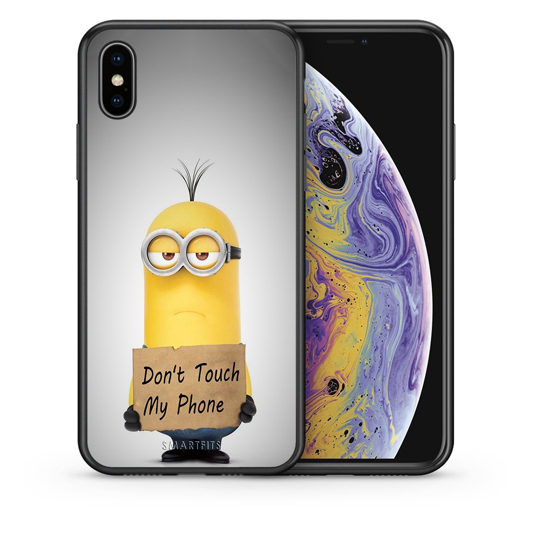 Θήκη iPhone X/Xs Minion Text από τη Smartfits με σχέδιο στο πίσω μέρος και μαύρο περίβλημα | iPhone X/Xs Minion Text case with colorful back and black bezels